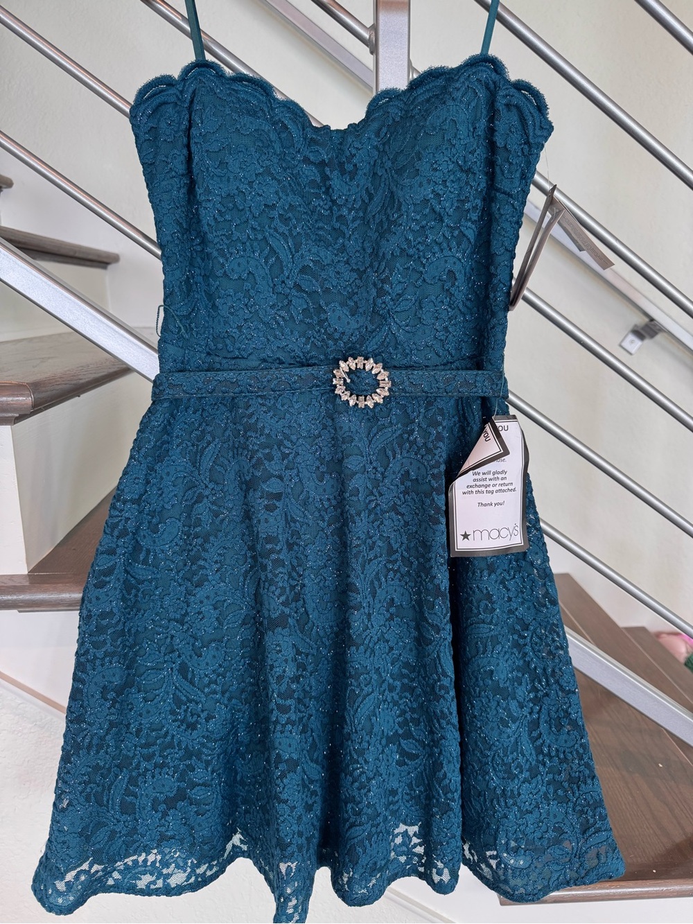 City Studio Teal Lace Strapless Fit-and-Flare Dress with Decorative Buckle